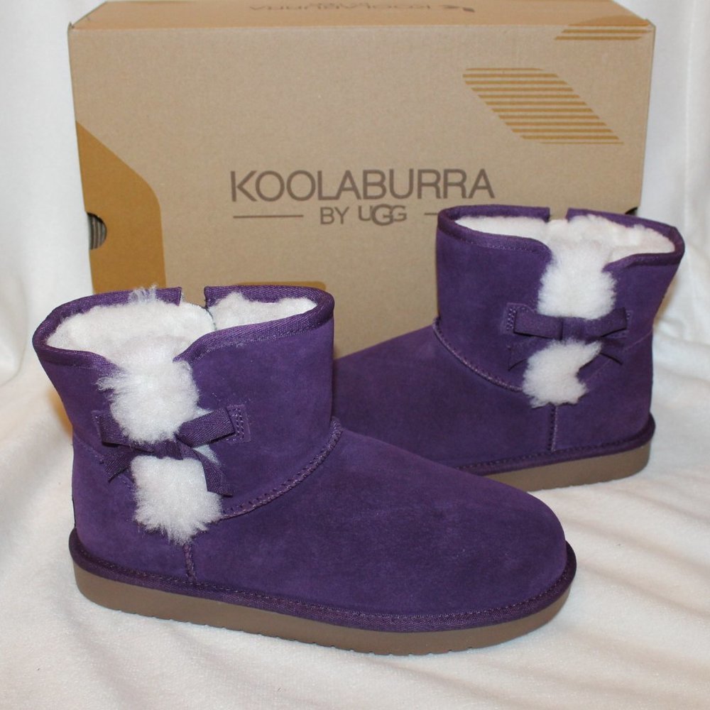 NIB UGG KOOLABURRA GIRL'S SUEDE FUR LINED‎ MINI BOW BOOTS PURPLE